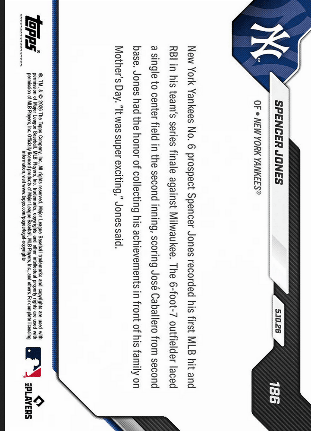 2026 Topps Now Spencer Jones #186 Black Foil /10 Yankees Number 6 Prospect Logs 1st MLB Hit and RBI New York Yankees Rookie RC Baseball Card