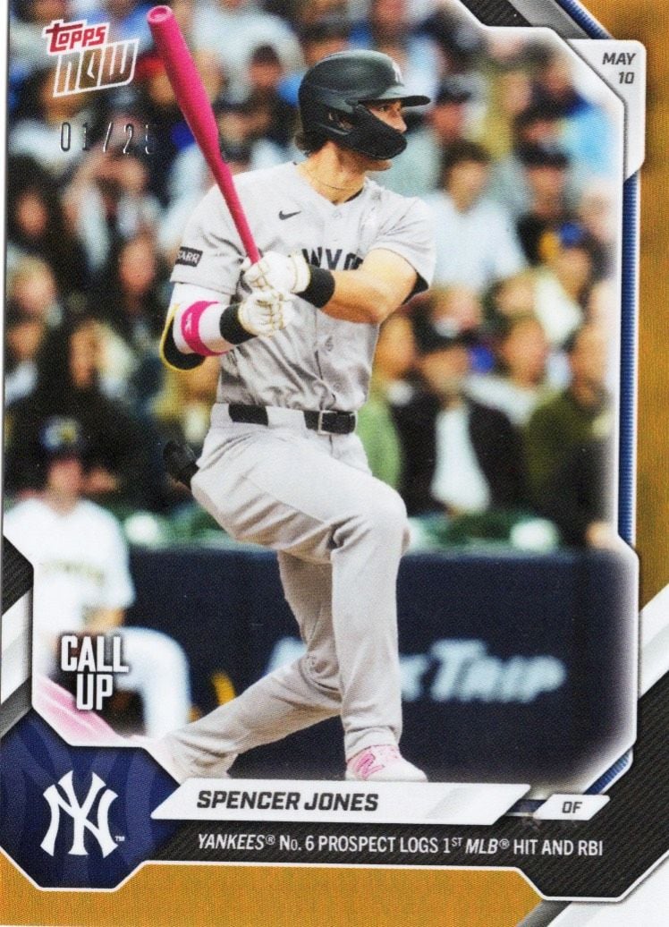 2026 Topps Now Spencer Jones #186 Orange Foil /25 Yankees Number 6 Prospect Logs 1st MLB Hit and RBI New York Yankees Rookie RC Baseball Card