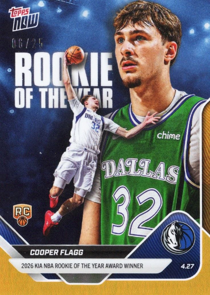 2025 Topps Now Cooper Flagg #ROTY Orange Foil /25 2026 KIA Rookie of the Year Award Winner Dallas Mavericks Rookie RC Basketball Card