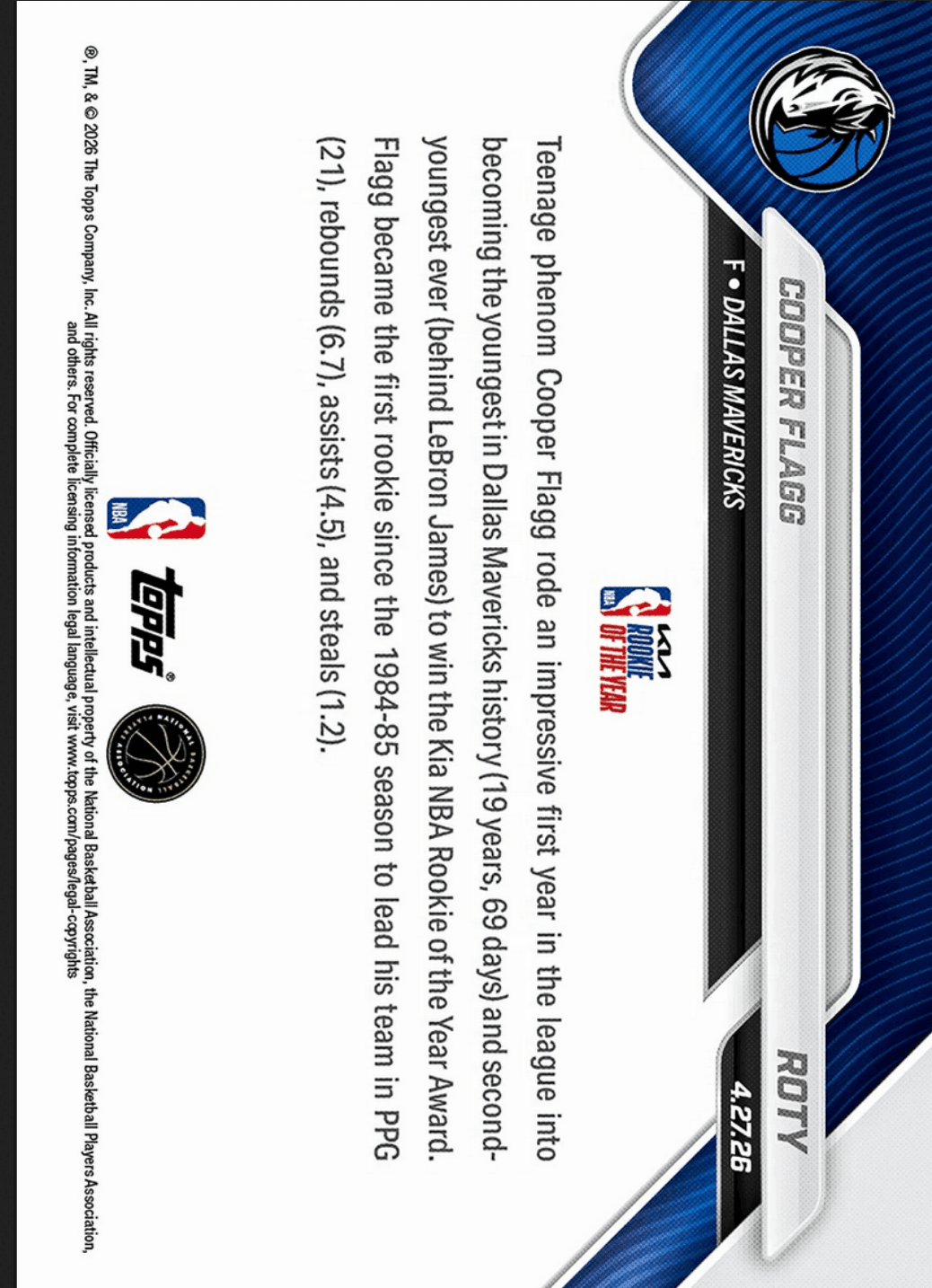 2025 Topps Now Cooper Flagg #ROTY Orange Foil /25 2026 KIA Rookie of the Year Award Winner Dallas Mavericks Rookie RC Basketball Card
