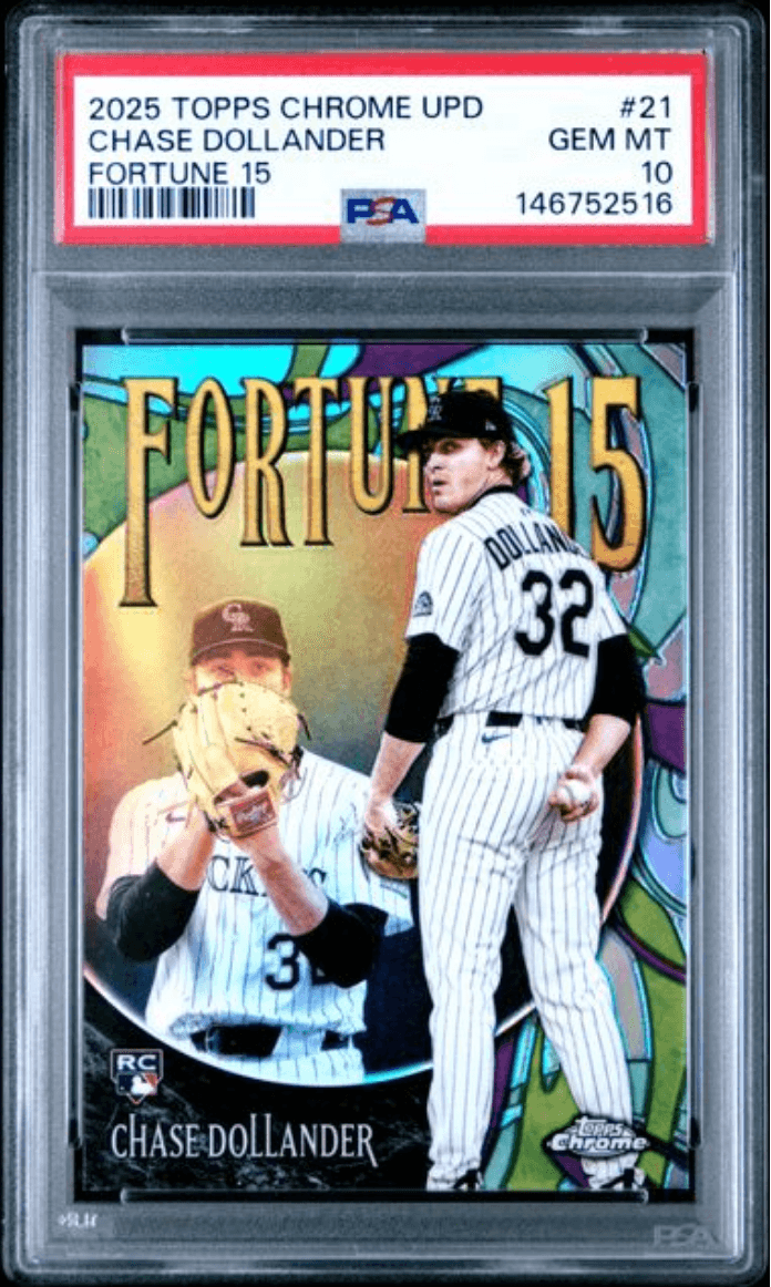 Graded 2025 Topps Chrome Update Chase Dollander #21 Fortune 15 Rookie RC Baseball Card PSA 10 Gem Mint