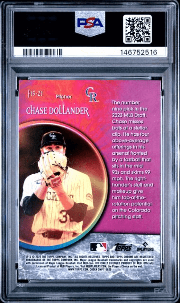 Graded 2025 Topps Chrome Update Chase Dollander #21 Fortune 15 Rookie RC Baseball Card PSA 10 Gem Mint