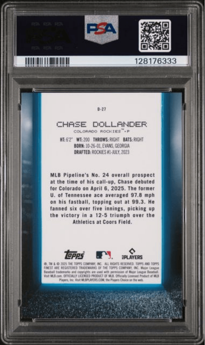 Graded 2025 Topps Finest Chase Dollander #D27 Debut Purple Refractor /125 Rookie RC Baseball Card PSA 10 Gem Mint