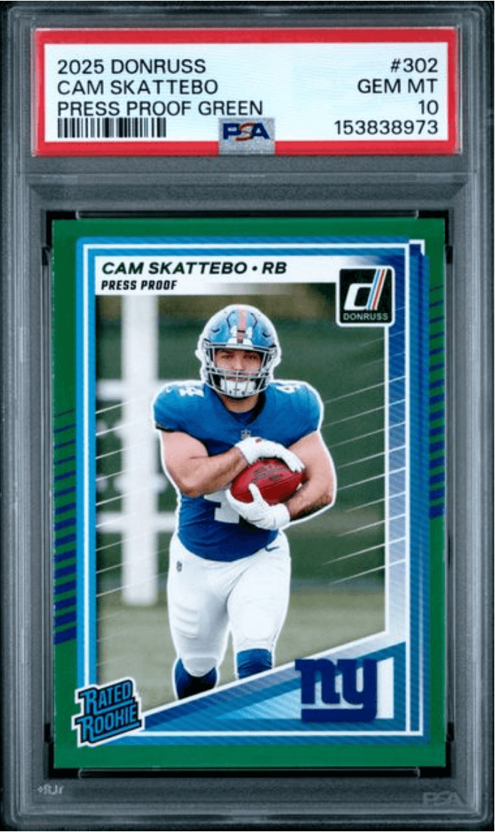 Graded 2025 Panini Donruss Cam Skattebo #302 Press Proof Green Rookie RC Football Card PSA 10 Gem Mint