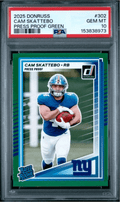 Graded 2025 Panini Donruss Cam Skattebo #302 Press Proof Green Rookie RC Football Card PSA 10 Gem Mint