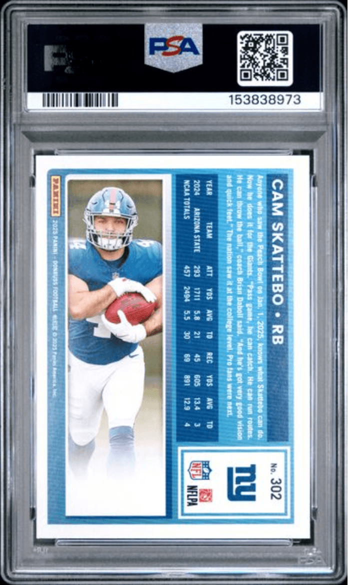 Graded 2025 Panini Donruss Cam Skattebo #302 Press Proof Green Rookie RC Football Card PSA 10 Gem Mint