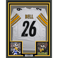 Framed Autographed/Signed Le'Veon LeVeon Bell 35x39 Pittsburgh White Football Jersey Beckett BAS COA