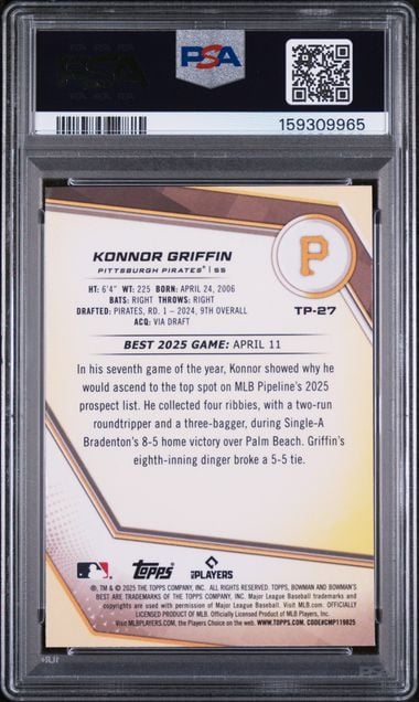 Graded 2025 Topps Bowman's Best Konnor Griffin #TP27 Top Prospects Rookie RC Baseball Card PSA 10 Gem Mint