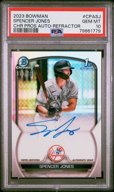 Graded 2023 Topps Bowman Chrome Spencer Jones #CPASJ Chrome Prospects Auto Refractor /499 1st Bowman Rookie RC Baseball Card PSA 10 Gem Mint