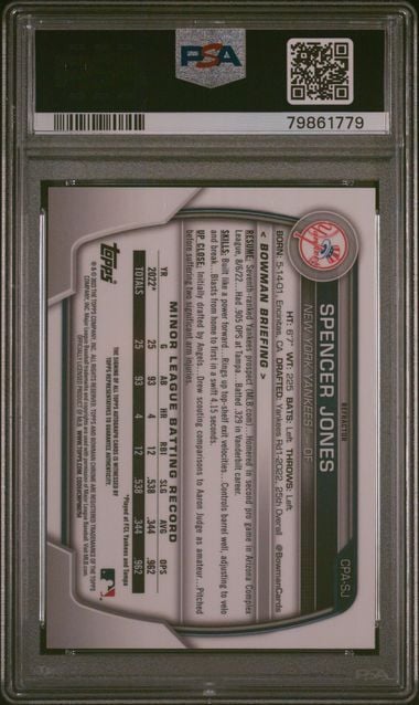 Graded 2023 Topps Bowman Chrome Spencer Jones #CPASJ Chrome Prospects Auto Refractor /499 1st Bowman Rookie RC Baseball Card PSA 10 Gem Mint