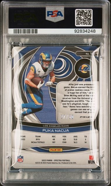 Graded 2023 Panini Spectra Puka Nacua #189 Neon Green Die Cut /30 Rookie RC Football Card PSA 10 Gem Mint