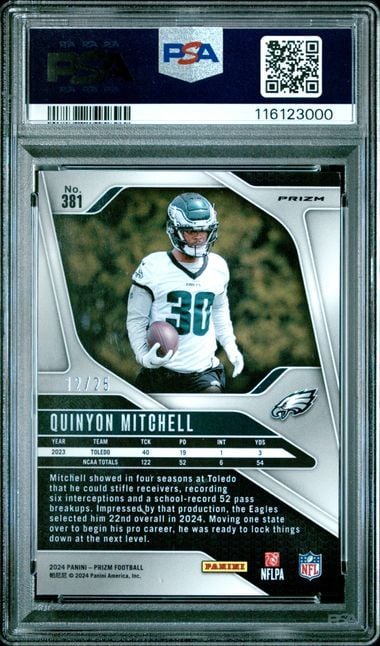 Graded 2024 Panini Prizm Quinyon Mitchell #381 No Huddle Pink /25 Rookie RC Football Card PSA 9 Mint