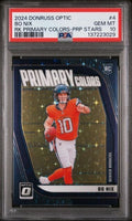 Graded 2024 Panini Donruss Optic Bo Nix #4 Primary Colors Purple Stars /25 Rookie RC Football Card PSA 10 Gem Mint