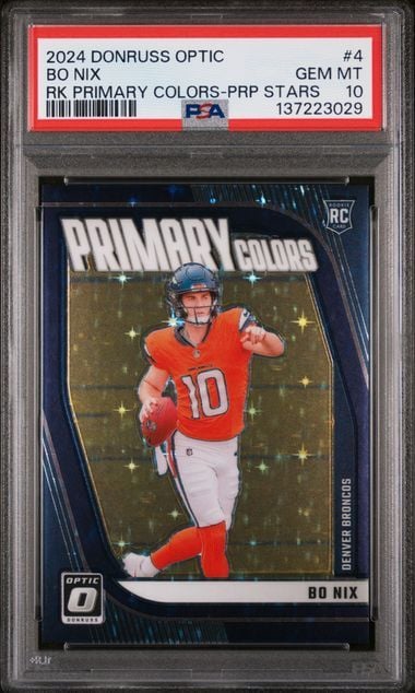 Graded 2024 Panini Donruss Optic Bo Nix #4 Primary Colors Purple Stars /25 Rookie RC Football Card PSA 10 Gem Mint