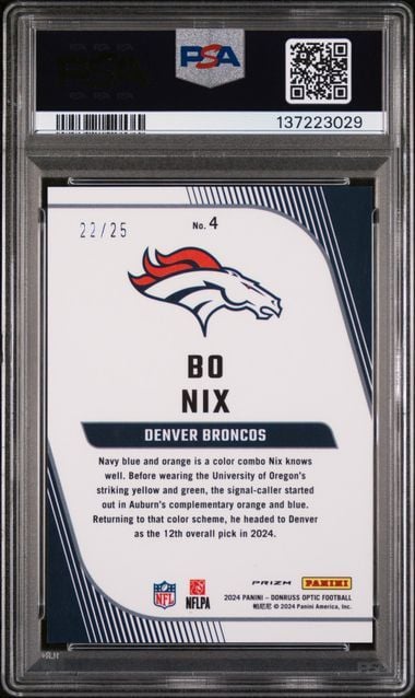 Graded 2024 Panini Donruss Optic Bo Nix #4 Primary Colors Purple Stars /25 Rookie RC Football Card PSA 10 Gem Mint