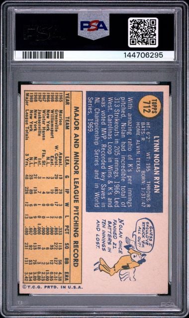 Graded 1970 Topps Nolan Ryan #712 Baseball Card PSA 4 Very Good-Excellent