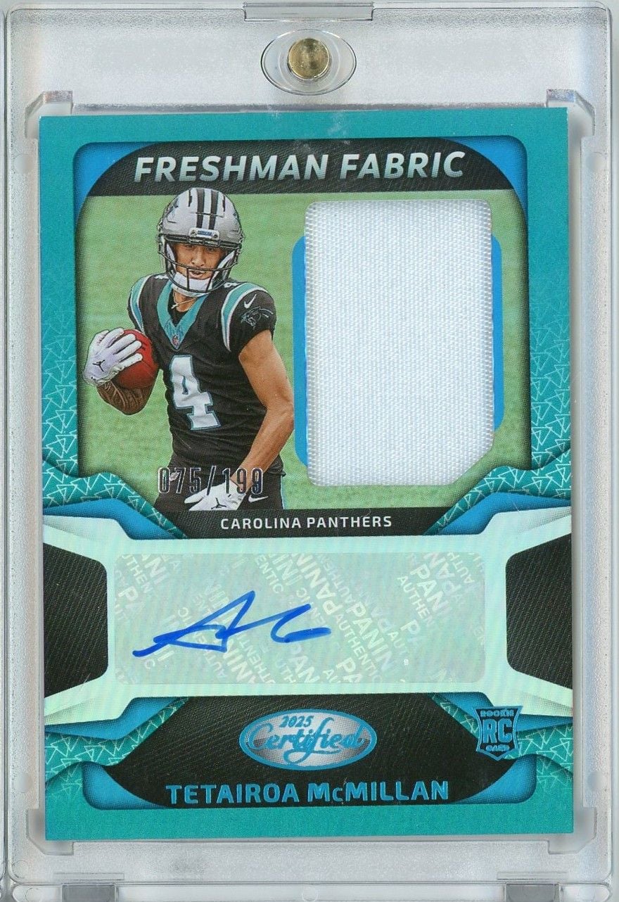 2025 Panini Certified Tetairoa McMillan #FBCTMN Freshman Fabric RPA Auto /199 Rookie RC Football Card