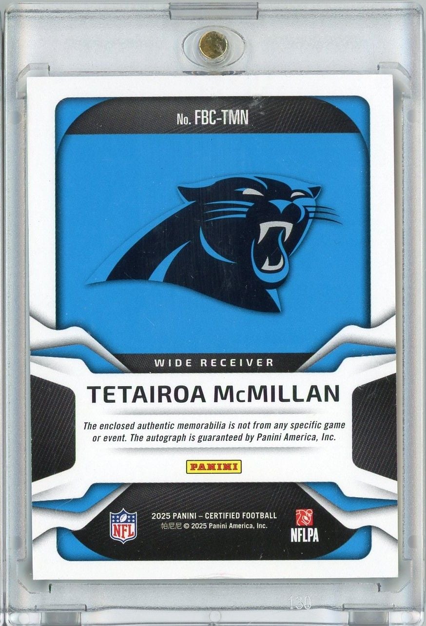 2025 Panini Certified Tetairoa McMillan #FBCTMN Freshman Fabric RPA Auto /199 Rookie RC Football Card