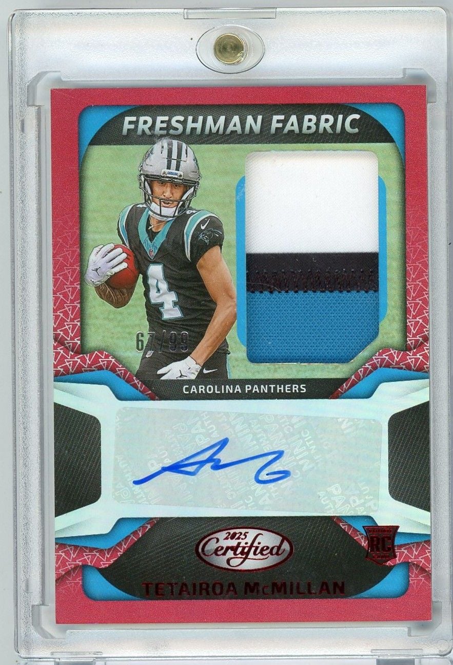 2025 Panini Certified Tetairoa McMillan #FBCTMN Freshman Fabric RPA Auto /99 Rookie RC Football Card
