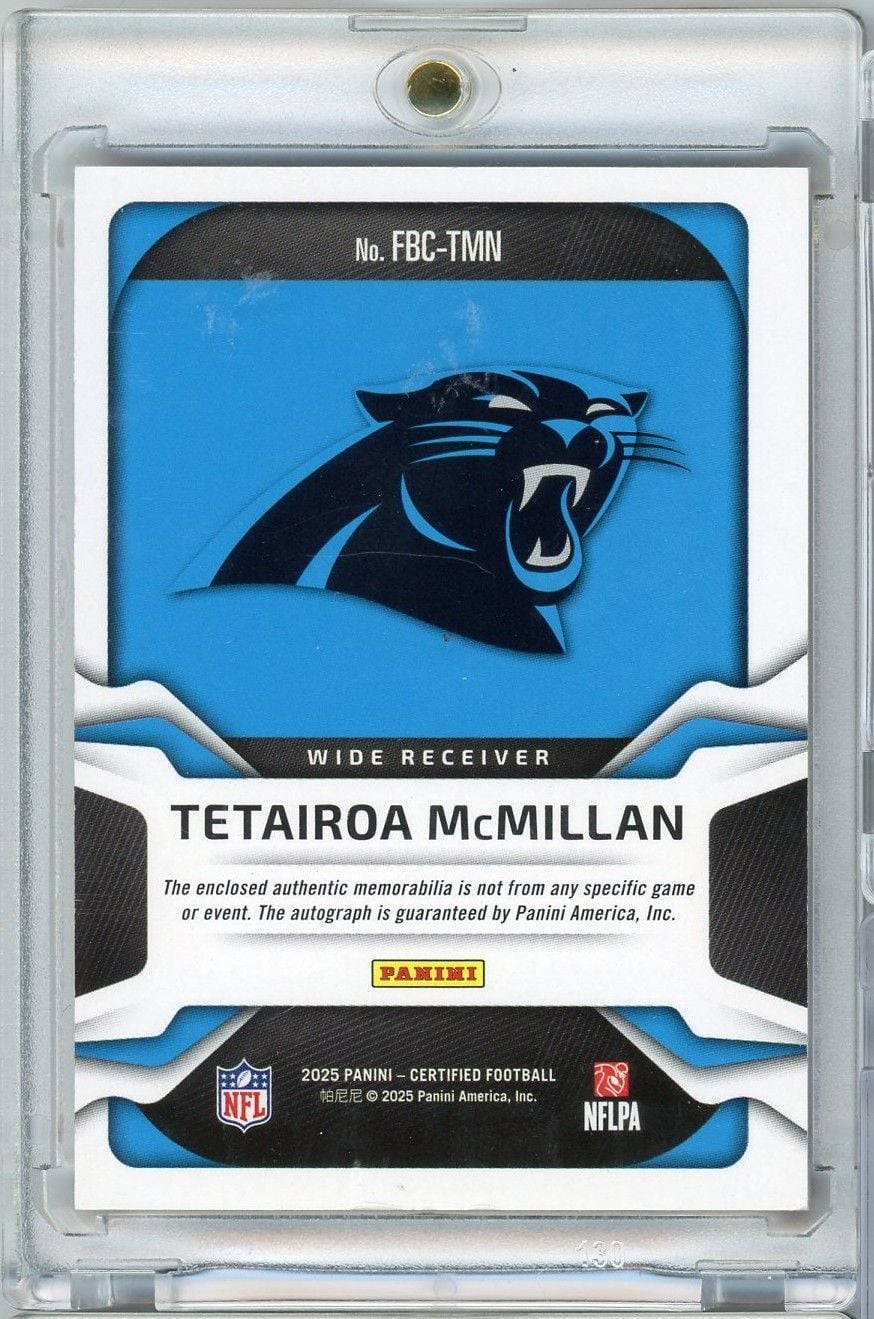 2025 Panini Certified Tetairoa McMillan #FBCTMN Freshman Fabric RPA Auto /99 Rookie RC Football Card