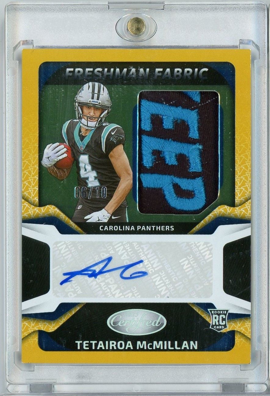 2025 Panini Certified Tetairoa McMillan #FBCTMN Keep Pounding Freshman Fabric RPA /10 Auto Rookie RC Football Card