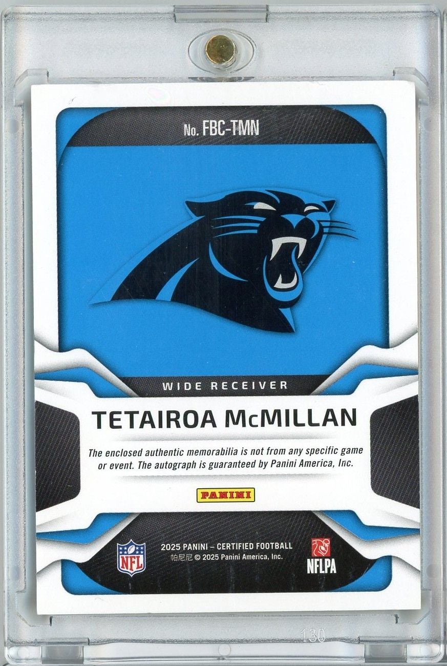 2025 Panini Certified Tetairoa McMillan #FBCTMN Keep Pounding Freshman Fabric RPA /10 Auto Rookie RC Football Card