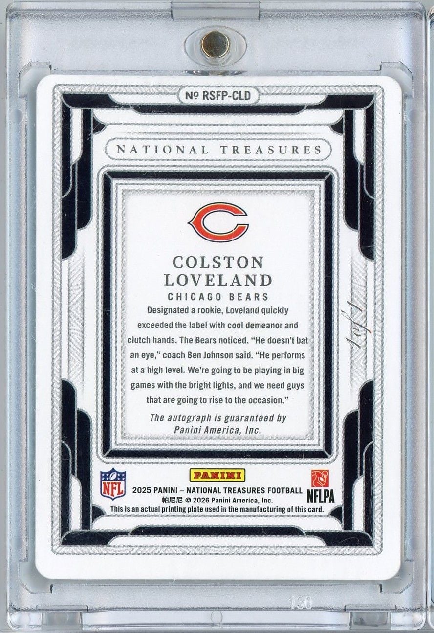 2025 Panini National Treasures Colston Loveland #RSFPCLD Printing Plate Auto 1/1 Rookie RC Football Card