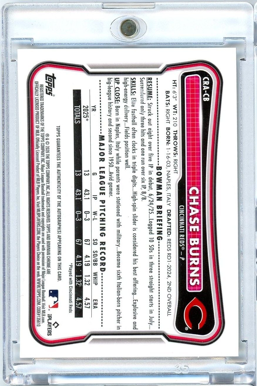 2026 Topps Bowman Chase Burns #CRACB Auto RC Rookie Baseball Card