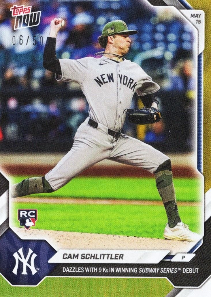 2026 Topps Now Cam Schlittler #206 Gold Foil /50 Dazzles with 9Ks in Winning Subway Series Debut New York Yankees Rookie RC Baseball Card