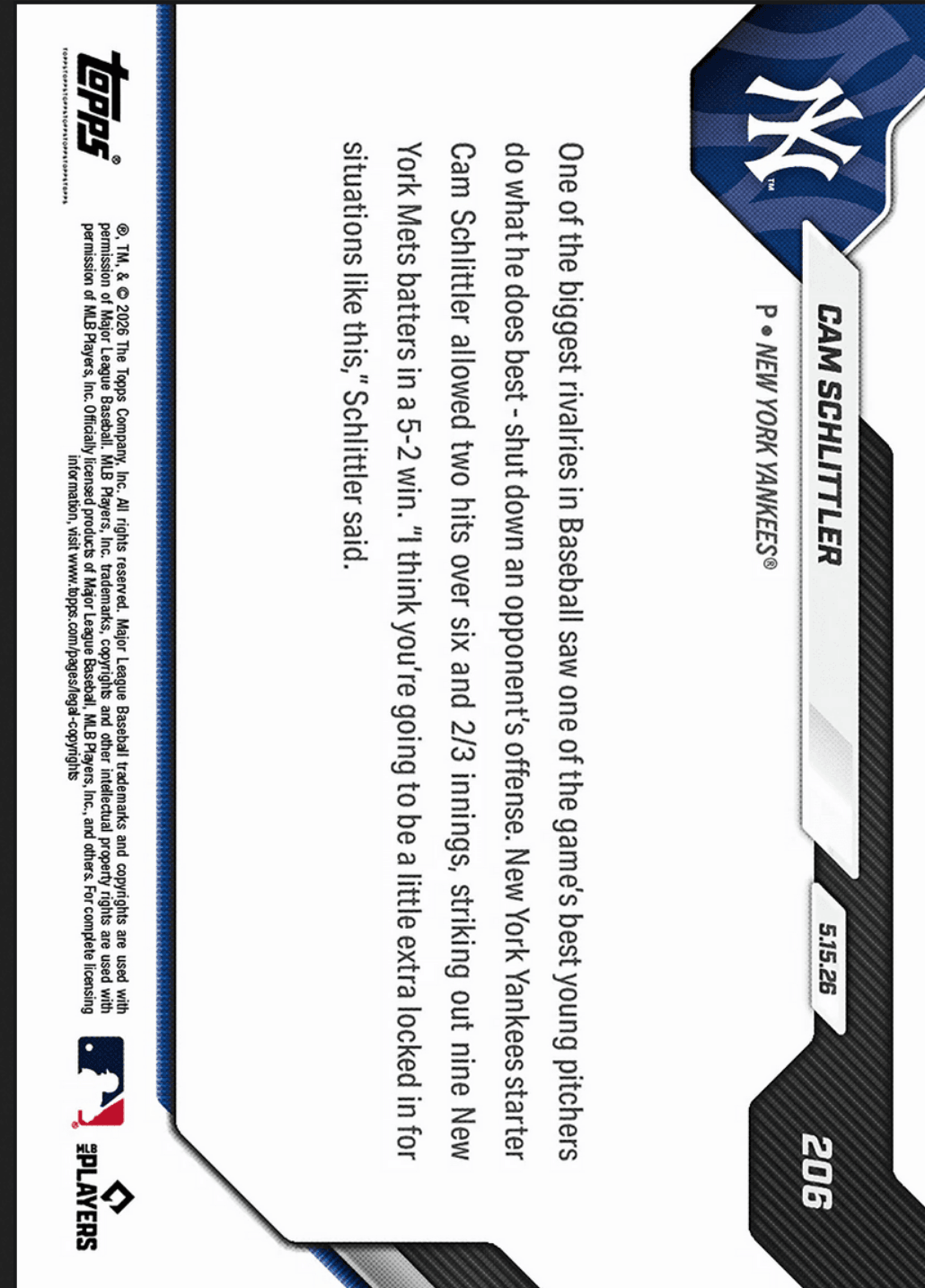 2026 Topps Now Cam Schlittler #206 Gold Foil /50 Dazzles with 9Ks in Winning Subway Series Debut New York Yankees Rookie RC Baseball Card