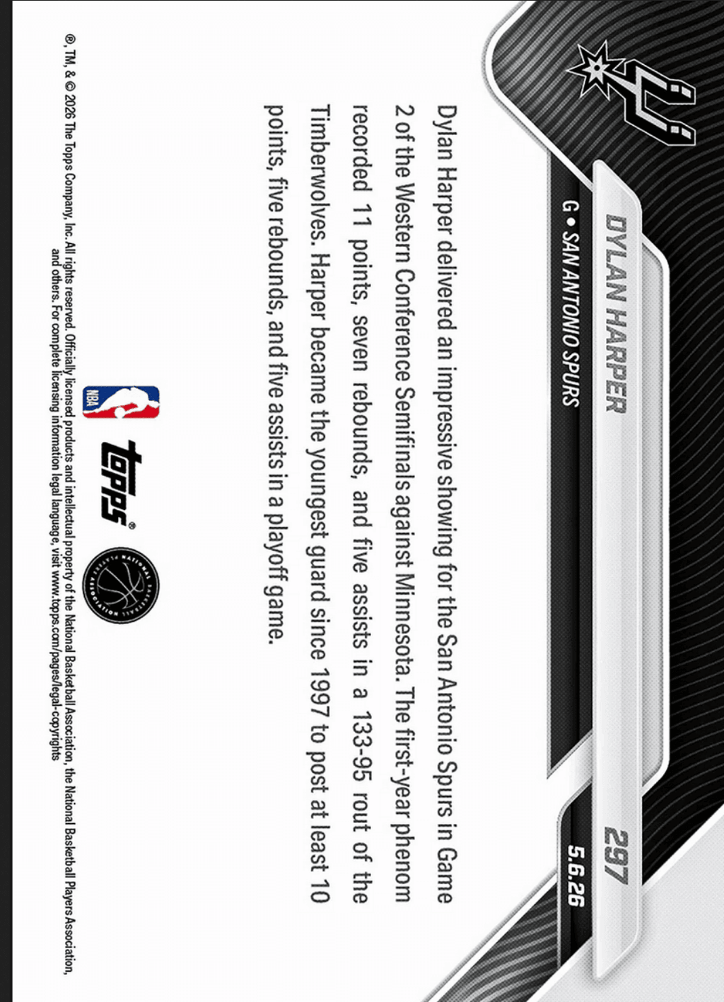 2025 Topps Now Dylan Harper #297 Black Foil /10 Rookie Shines in 38 Point Triumph As Spurs Even Series San Antonio Spurs Rookie RC Basketball Card