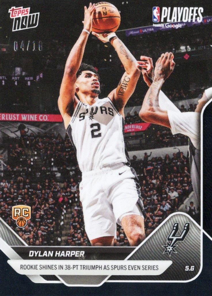 2025 Topps Now Dylan Harper #297 Black Foil /10 Rookie Shines in 38 Point Triumph As Spurs Even Series San Antonio Spurs Rookie RC Basketball Card