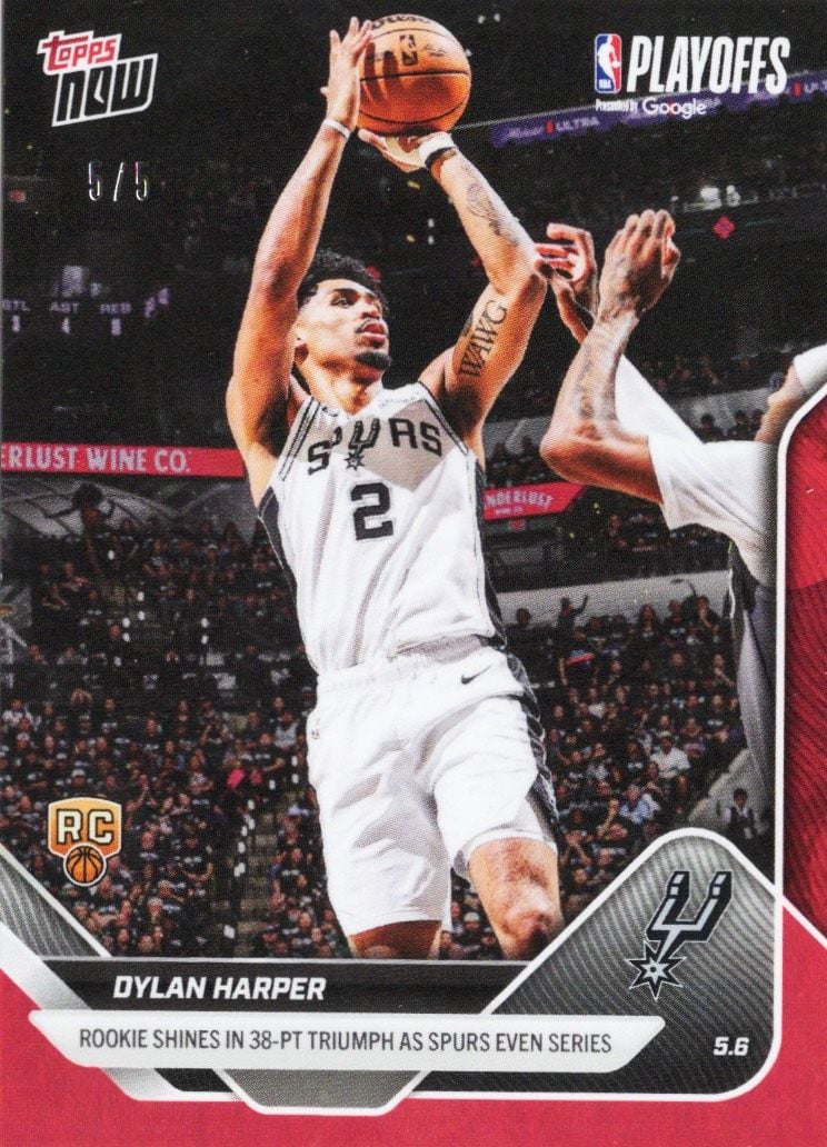 2025 Topps Now Dylan Harper #297 Red Foil /5 Rookie Shines in 38 Point Triumph As Spurs Even Series San Antonio Spurs Rookie RC Basketball Card