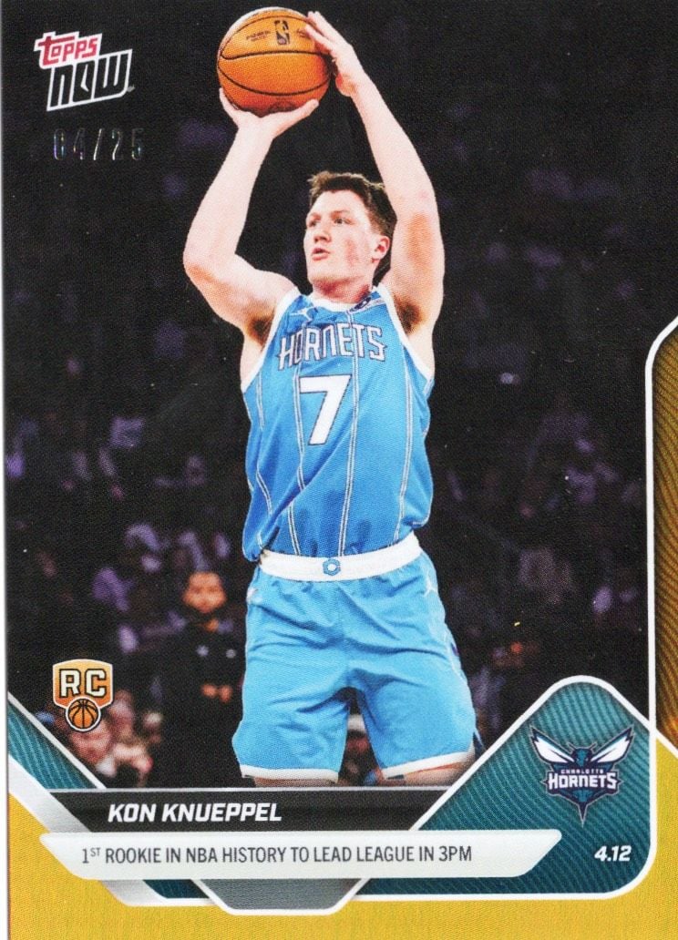 2025 Topps Now Kon Knueppel #252 Orange Foil /25 1st Rookie in NBA History to Lead League in 3PM Charlotte Hornets Rookie RC Basketball Card