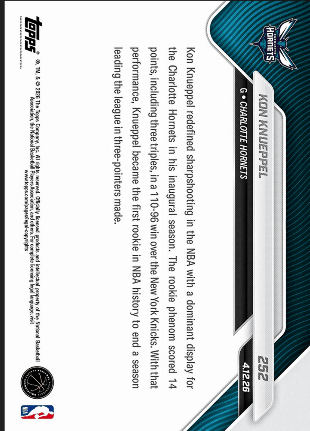 2025 Topps Now Kon Knueppel #252 Red Foil /5 1st Rookie in NBA History to Lead League in 3PM Charlotte Hornets Rookie RC Basketball Card