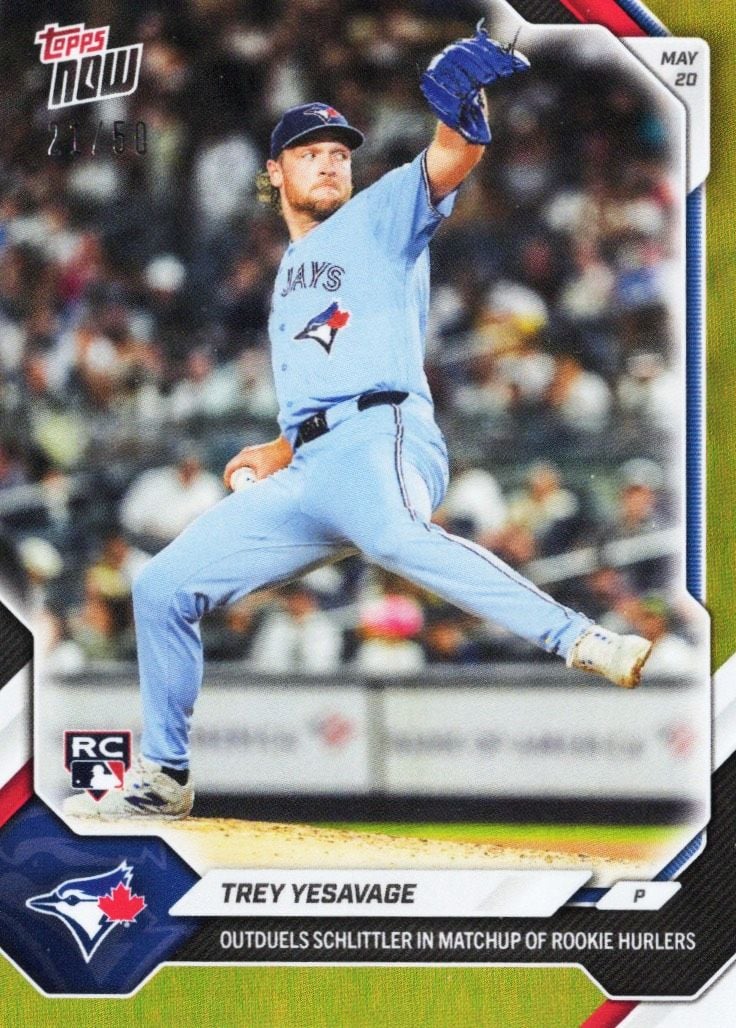 2026 Topps Now Trey Yesavage #225 Gold Foil /50 Outduels Schlittler in Match Up of Rookie Hurlers Toronto Blue Jays Rookie RC Baseball Card