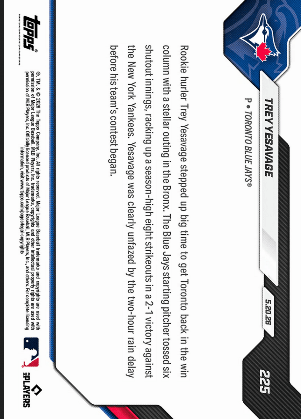 2026 Topps Now Trey Yesavage #225 Gold Foil /50 Outduels Schlittler in Match Up of Rookie Hurlers Toronto Blue Jays Rookie RC Baseball Card