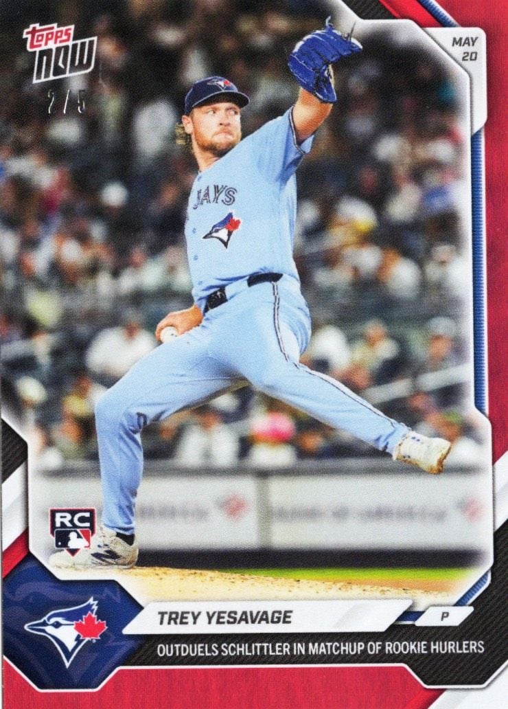 2026 Topps Now Trey Yesavage #225 Red Foil /5 Outduels Schlittler in Match Up of Rookie Hurlers Toronto Blue Jays Rookie RC Baseball Card