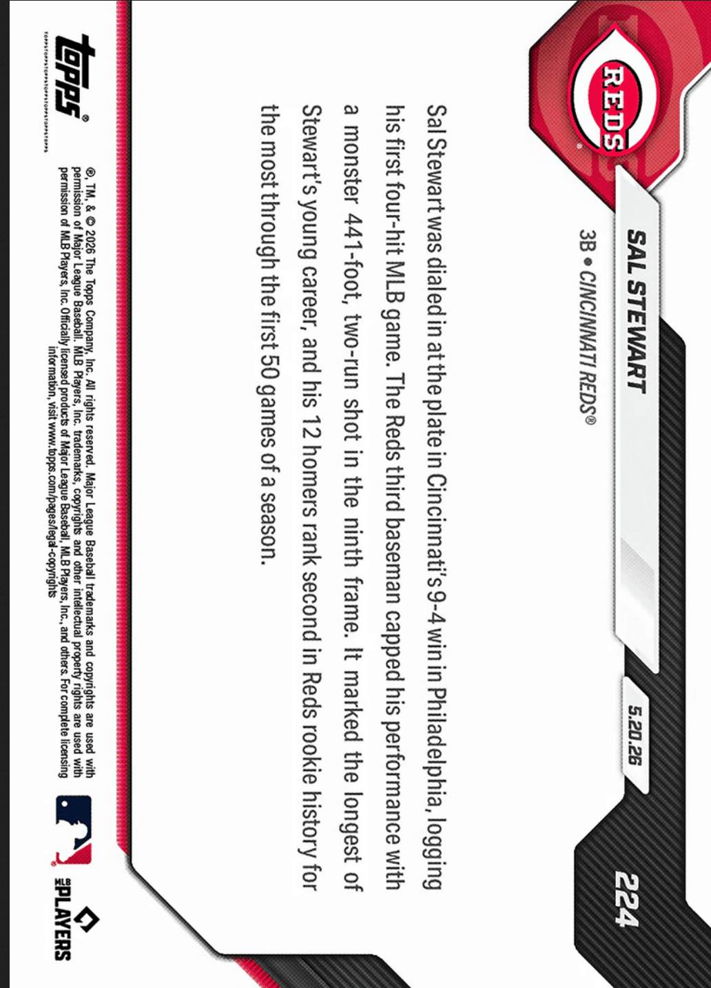 2026 Topps Now Sal Stewart #224 Orange Foil /25 441 Foot Moonshot Secures 1st 4 Hit MLB Game in Win Cincinnati Reds Rookie RC Baseball Card