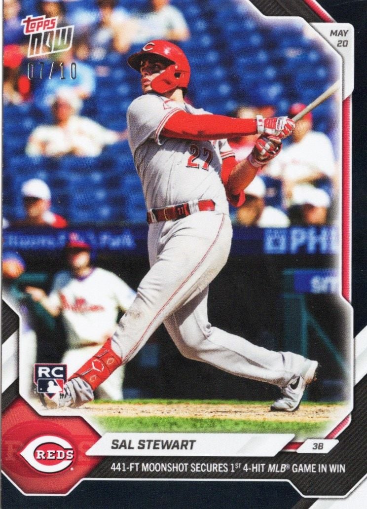 2026 Topps Now Sal Stewart #224 Black Foil /10 441 Foot Moonshot Secures 1st 4 Hit MLB Game in Win Cincinnati Reds Rookie RC Baseball Card