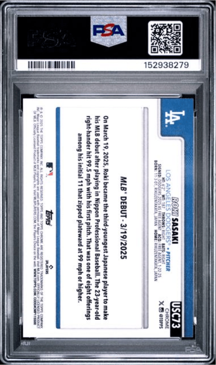 Graded 2025 Topps Chrome Update Roki Sasaki #73 Sepia Refractor Rookie RC Baseball Card PSA 10 Gem Mint