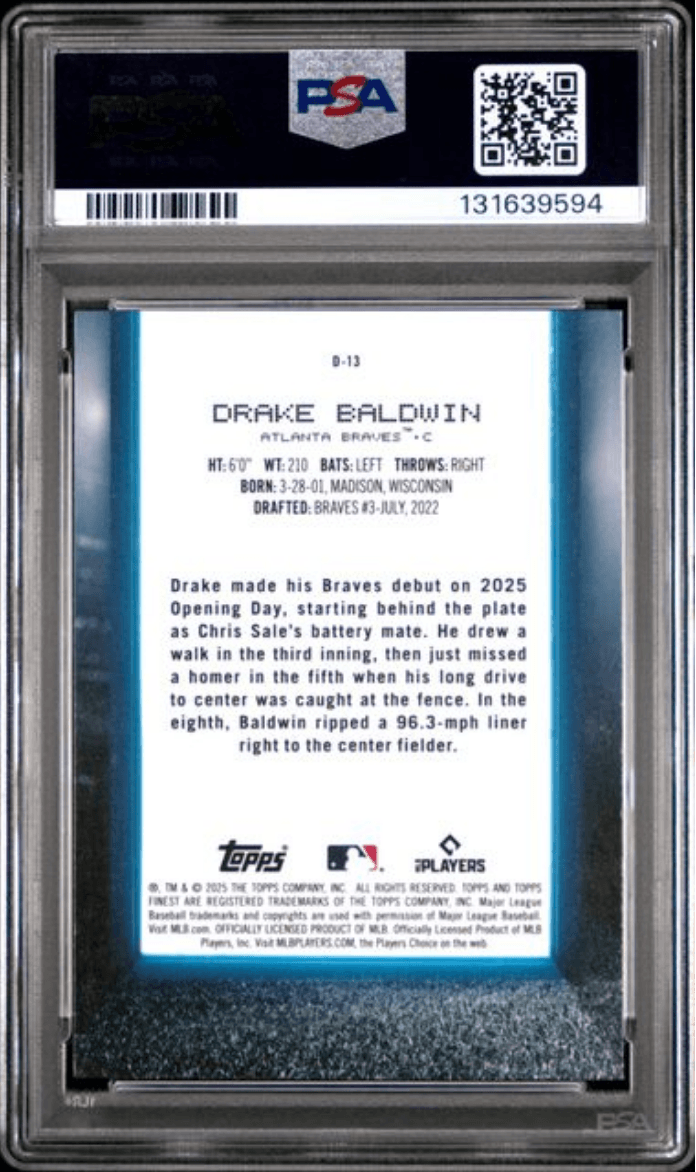 Graded 2025 Topps Finest Drake Baldwin #D13 Debut Blue Refractor /99 Rookie RC Baseball Card PSA 10 Gem Mint