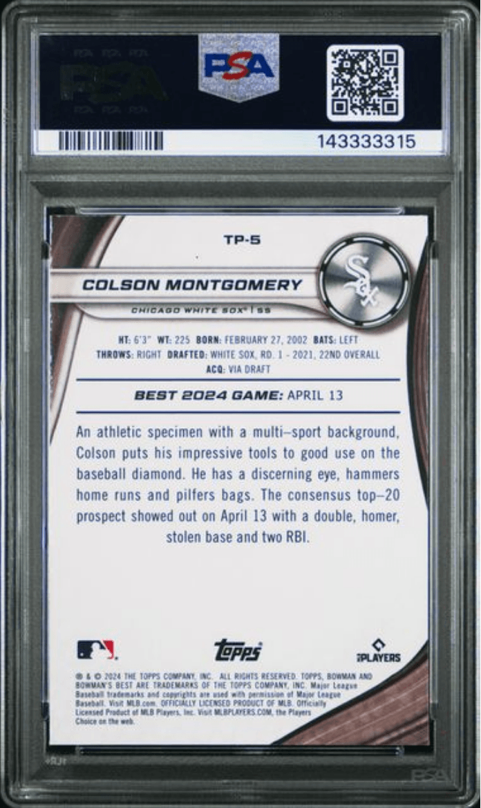 Graded 2024 Topps Bowmans Best Colson Montgomery #TP5 Top Prospects Wave Rookie RC Baseball Card PSA 10 Gem Mint