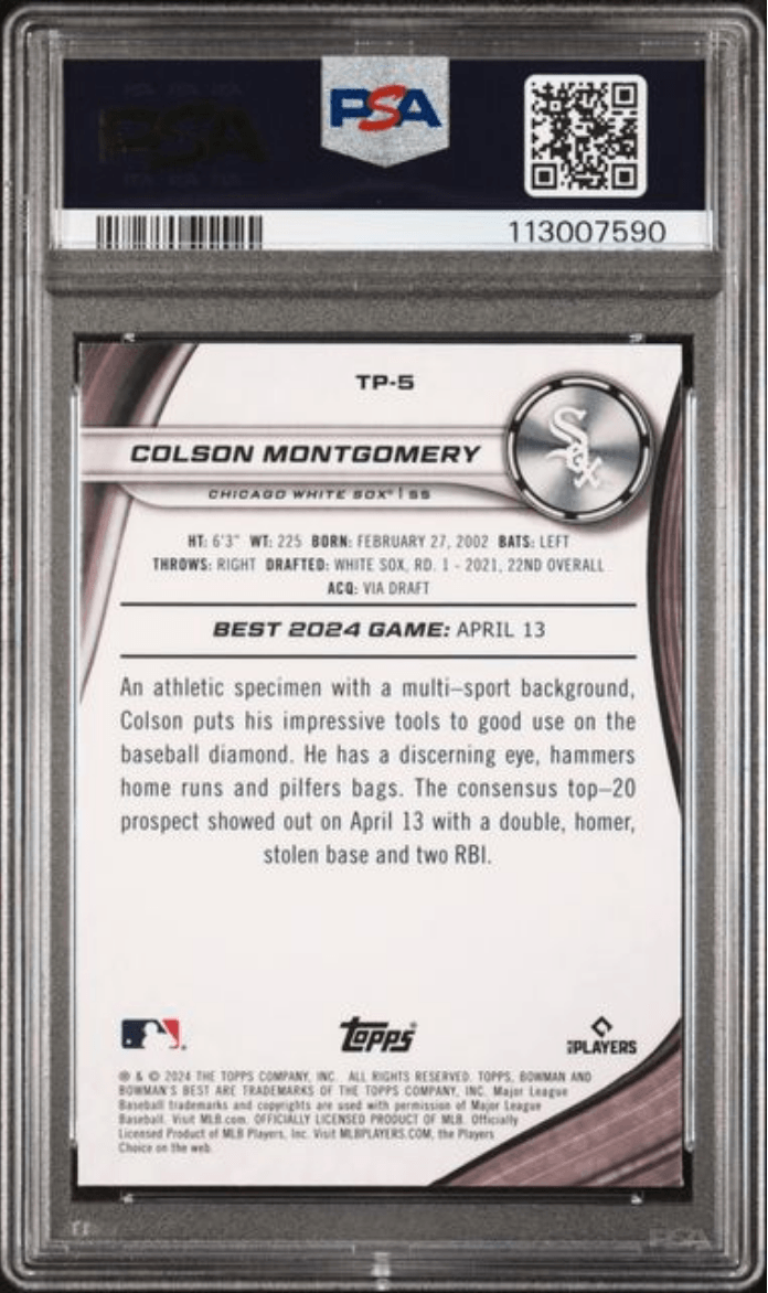 Graded 2024 Topps Bowmans Best Colson Montgomery #TP5 Top Prospects Blue Xfractor /150 Rookie RC Baseball Card PSA 10 Gem Mint