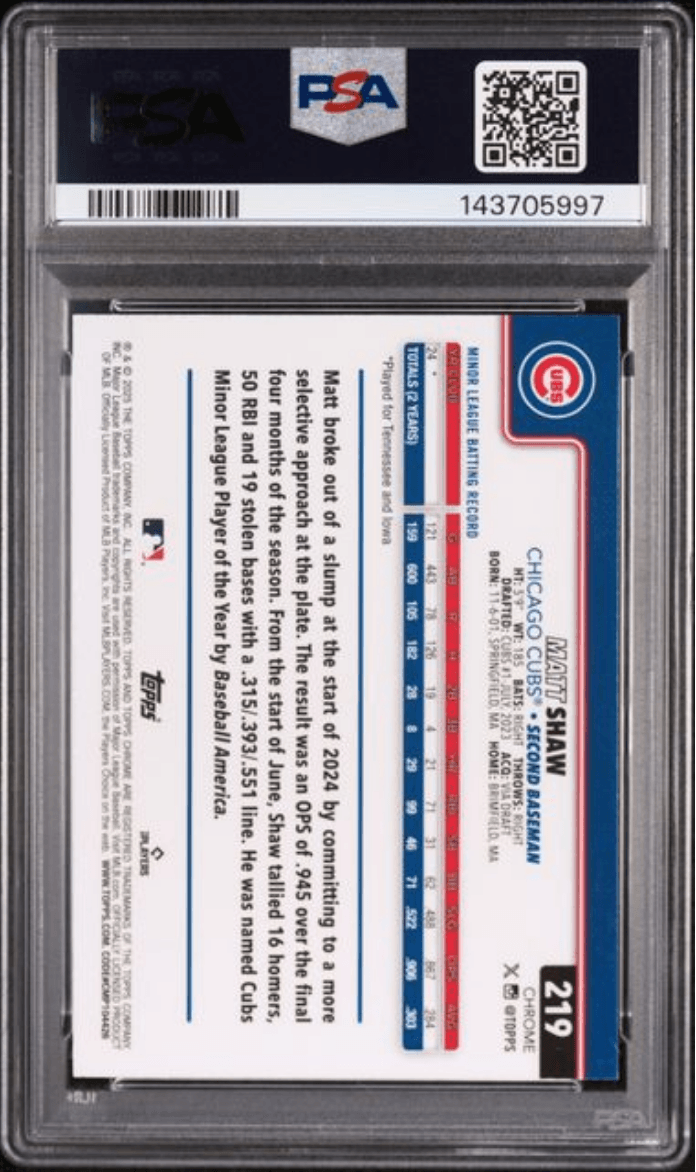 Graded 2025 Topps Chrome Matt Shaw #219 Raywave Rookie RC Baseball Card PSA 10 Gem Mint