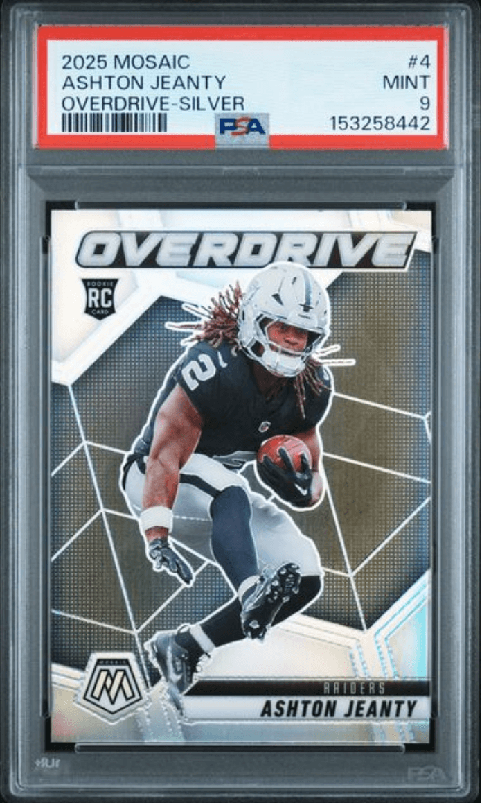 Graded 2025 Panini Mosaic Ashton Jeanty #4 Overdrive Silver Rookie RC Football Card PSA 9 Mint