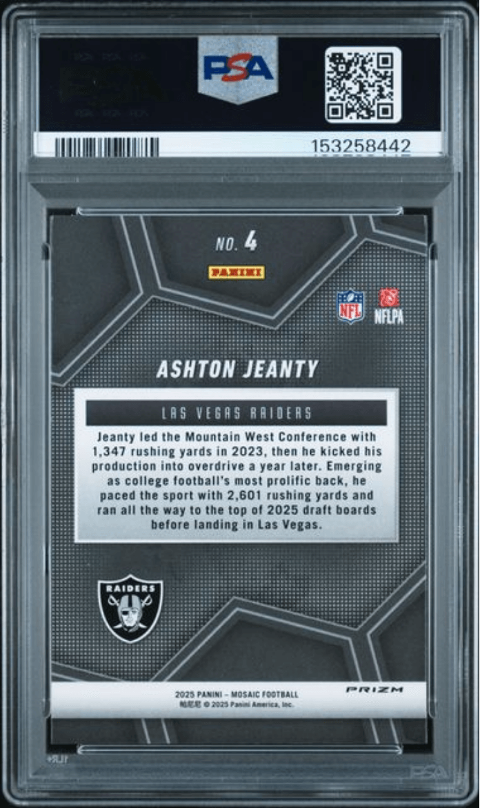 Graded 2025 Panini Mosaic Ashton Jeanty #4 Overdrive Silver Rookie RC Football Card PSA 9 Mint