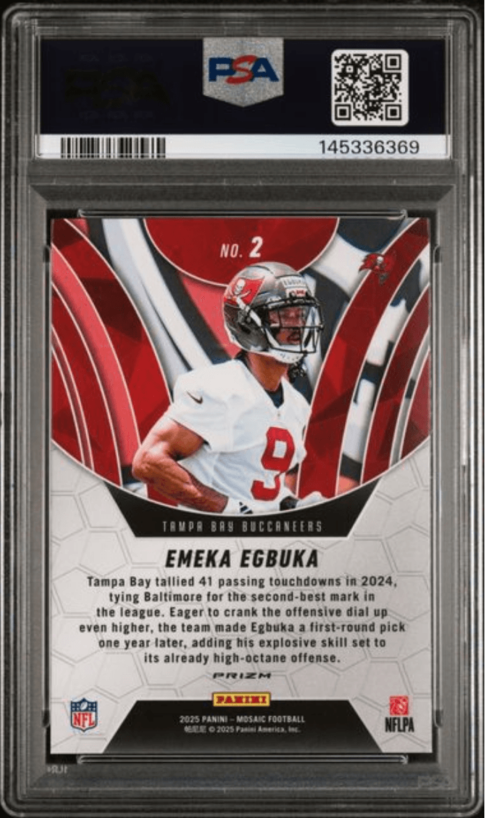 Graded 2025 Panini Mosaic Emeka Egbuka #2 Elevate Orange Fluorescent Rookie RC Football Card PSA 10 Gem Mint