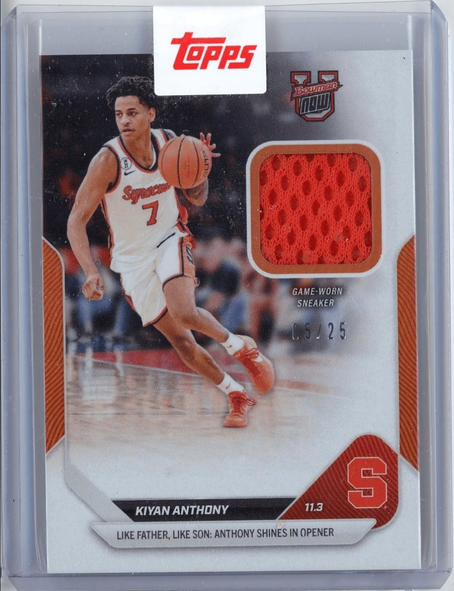 2025 Topps Bowman U Now Kiyan Anthony #4A Orange Sneaker Relic /25 Like Father, Like Son: Anthony Shines in Opener Rookie RC Basketball Card