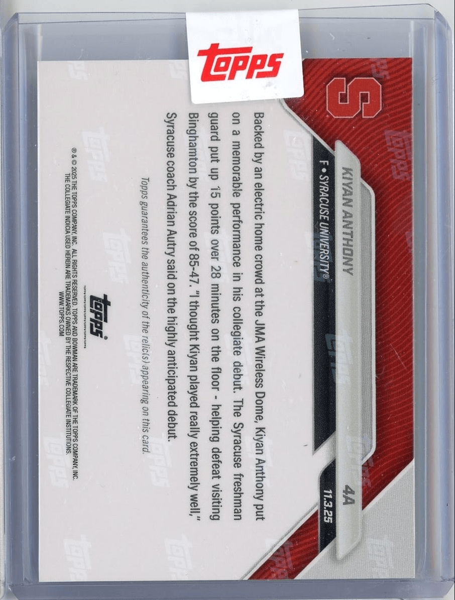 2025 Topps Bowman U Now Kiyan Anthony #4A Orange Sneaker Relic /25 Like Father, Like Son: Anthony Shines in Opener Rookie RC Basketball Card